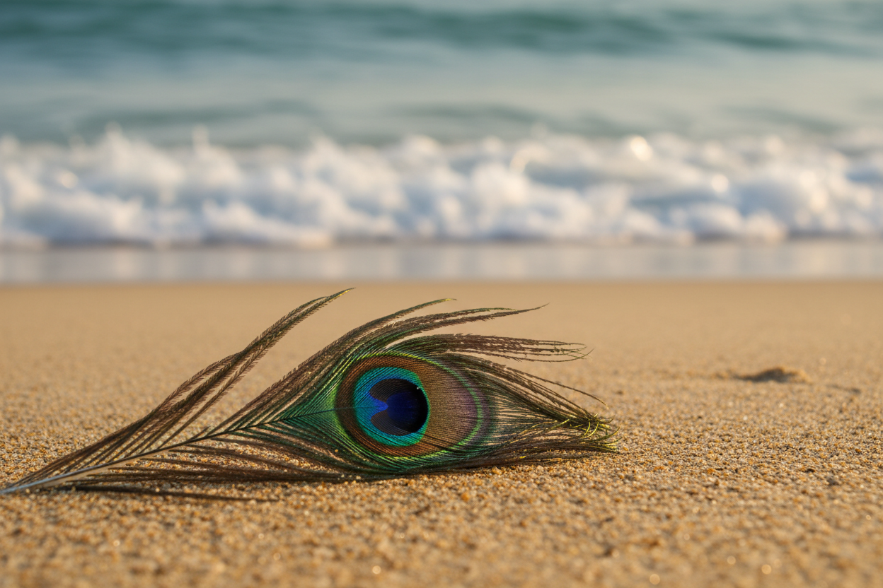 peacock feather laying on a beach